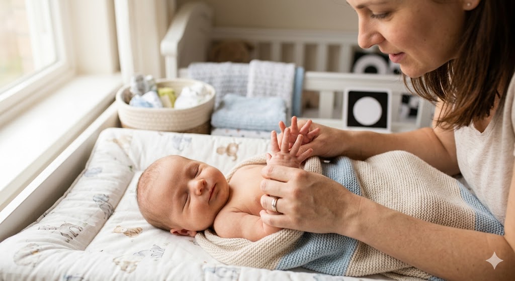 Какие рефлексы должны быть у новорожденного ребенка и как их использовать для развития ребенка? — Крупный план нежных маминых рук, аккуратно массирующих крошечные ладошки и пальчики новорожденного ребенка. Мягкое естественное освещение, передающее атмосферу заботы и близости. Фокус на тактильном контакте и расслабленном выражении лица малыша.