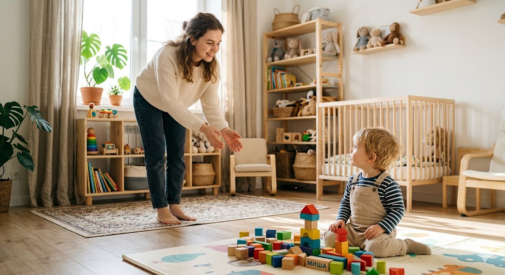 Мой ребенок не откликается на свое имя. Это проблема? (Когда это проблема, а когда нет) — Мама стоит чуть поодаль от ребенка, который увлеченно играет с кубиками на полу. Она мягко зовет его по имени, протягивая руки. Ребенок на мгновение замер и начинает поворачивать голову в ее сторону. Светлая детская комната, акцент на моменте установления контакта и слуховом внимании.