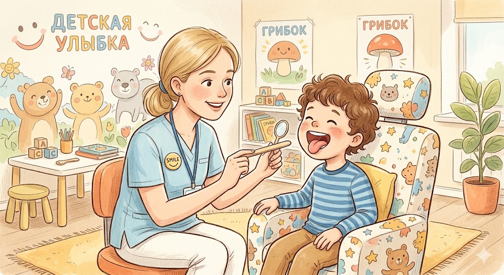 Нужно ли подрезать подъязычную уздечку? (Не всегда. В каком возрасте лучше если подрезать) — Схематичное, но теплое изображение: врач-стоматолог или логопед в игровой форме просит ребенка открыть рот и поднять язык вверх ('сделать грибок'). Видна уздечка языка, акцент на профессиональном осмотре и спокойствии ребенка. Светлые тона, клиника дружелюбная к детям.