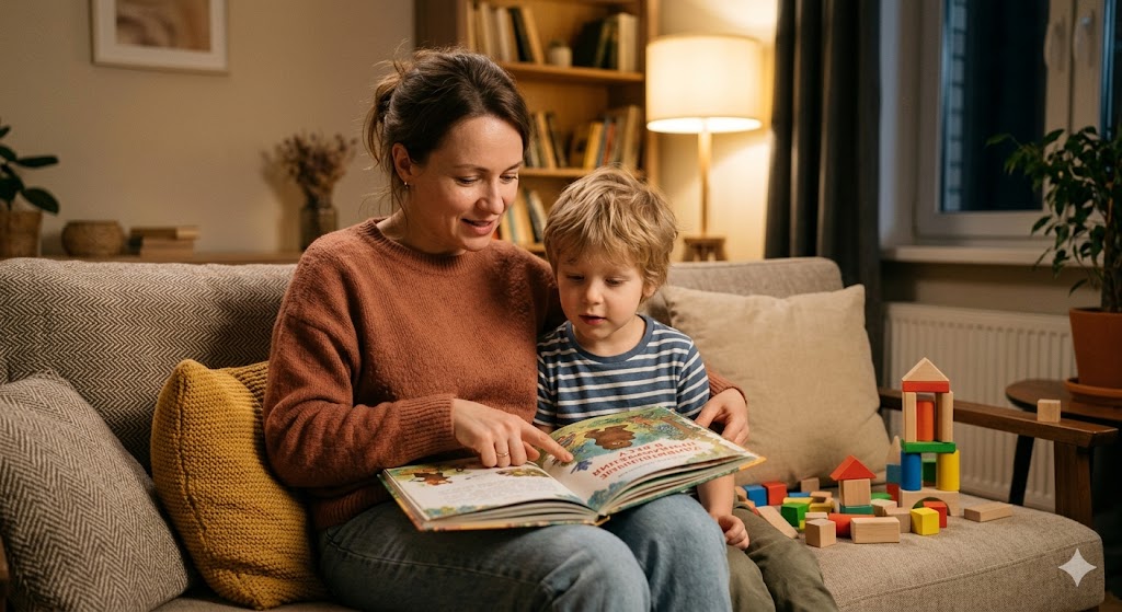 Когда нужно начинать учить читать ребенка? (Сенситивный период. Буквы очень рано) — Уютный момент: мама и ребенок 5 лет сидят на диване, мама читает книгу, ведя пальцем по тексту. Ребенок с интересом следит за движением пальца. Рядом лежат кубики, но они используются для постройки домика, а не для алфавита. Теплое освещение, атмосфера естественного интереса к чтению.