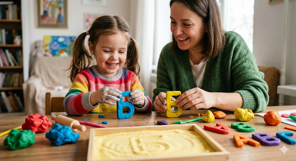 Ребенок не может запомнить буквы.. что делать? — Творческий процесс обучения: ребенок и мама вместе лепят буквы из яркого пластилина на столе. Рядом стоит поднос с манкой, на которой пальцем нарисована буква 'Б'. Ребенок улыбается, процесс выглядит как увлекательная игра. Яркие цвета, акцент на тактильном обучении.