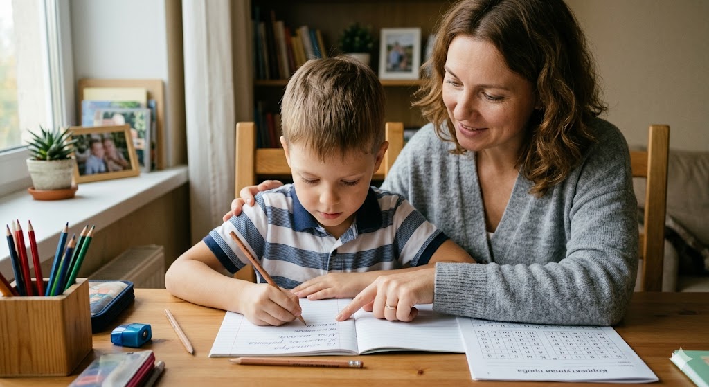 Ребенок пропускает буквы на письме. В чем проблема? Как исправить? — Школьник младших классов сидит за столом и сосредоточенно пишет в тетради. Рядом сидит мама, она не ругает его, а мягко указывает на слово, используя метод проговаривания. На столе лежат цветные карандаши и корректурные пробы. Атмосфера поддержки и спокойного обучения.